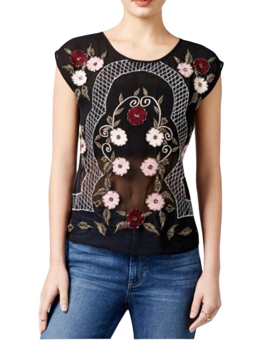 Guess Black Sheer Floral Embroidered Cap-Sleeve Top